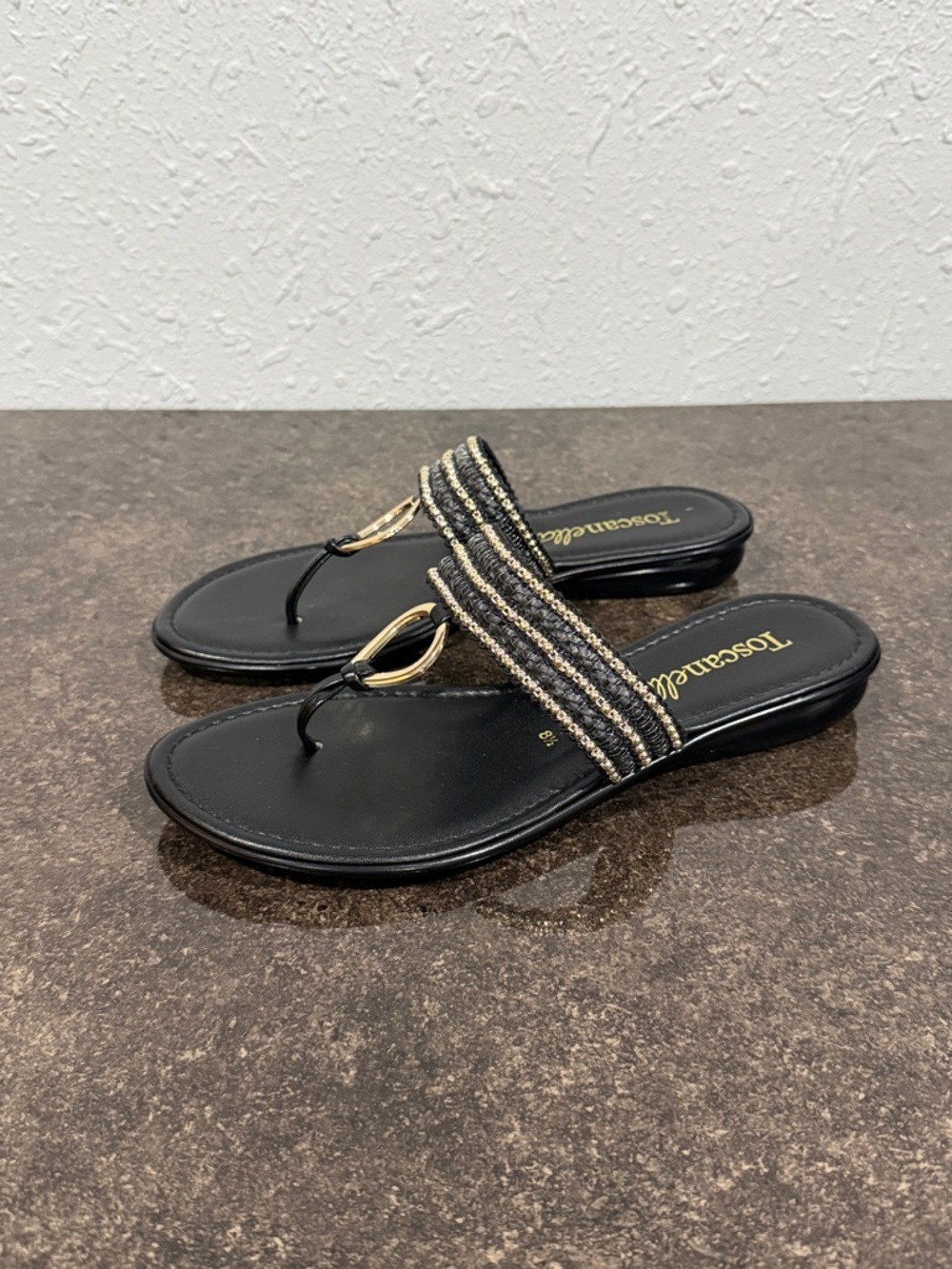 Toscanella Black Beaded Thong Sandals - Size 8.5 Elegant Resortwear
